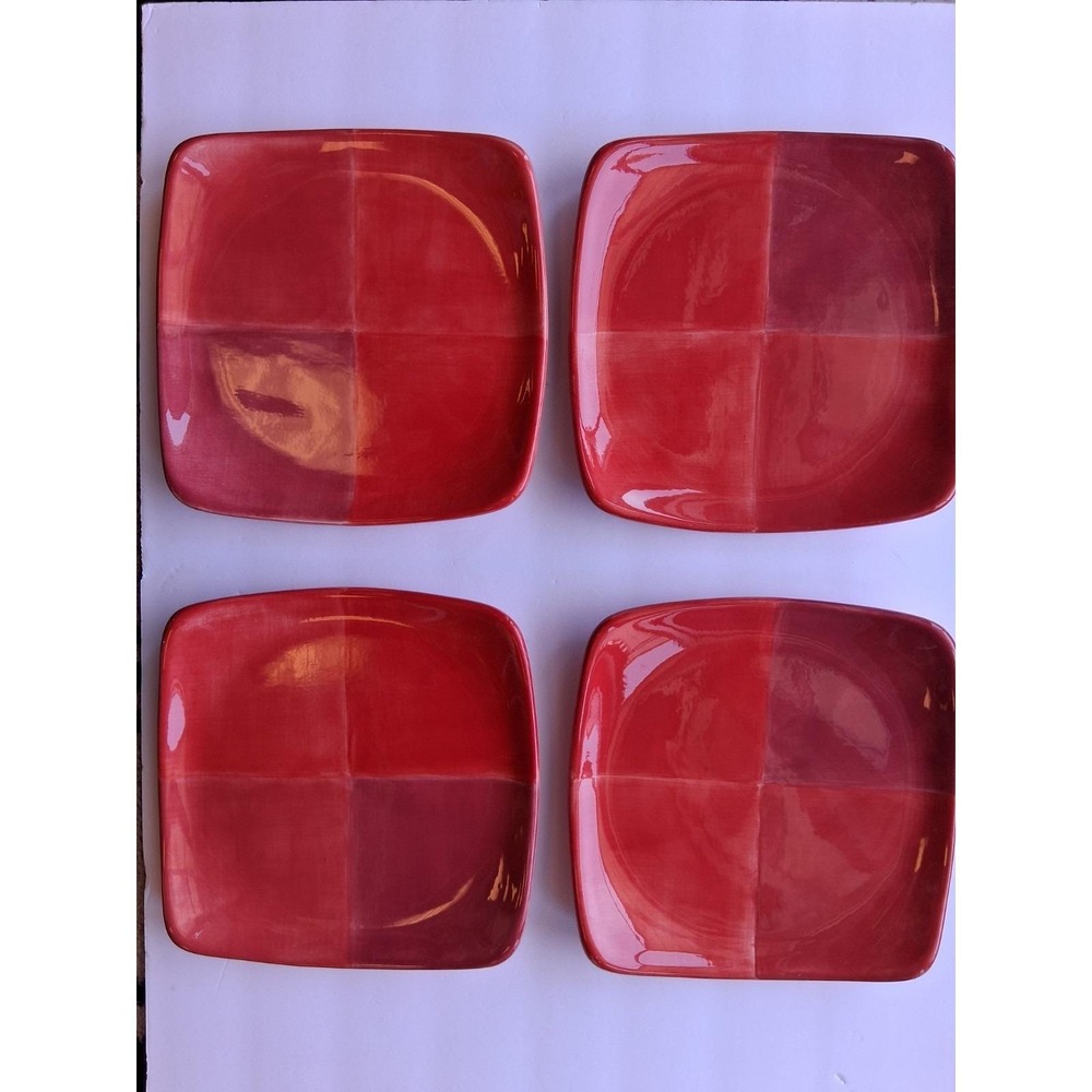 4 Tabletops Unlimited Quadrettini red hand painted Square   Salad Plate  B4